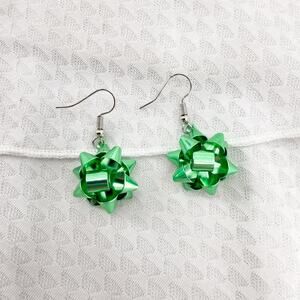 Metal Green Bow Dangle Earrings, Christmas, Holiday Earrings, Festive Earrings